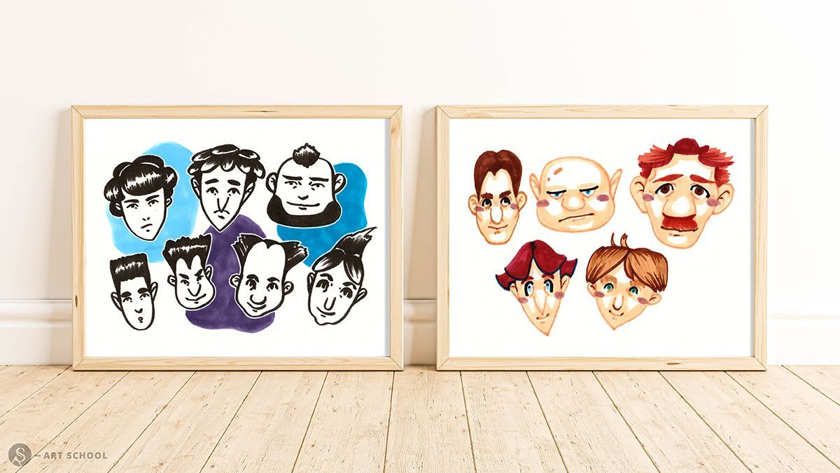 Zwei gerahmte Zeichnungen mit Karikaturen: links schwarz-weiße männliche Gesichter, rechts bunte männliche Porträts