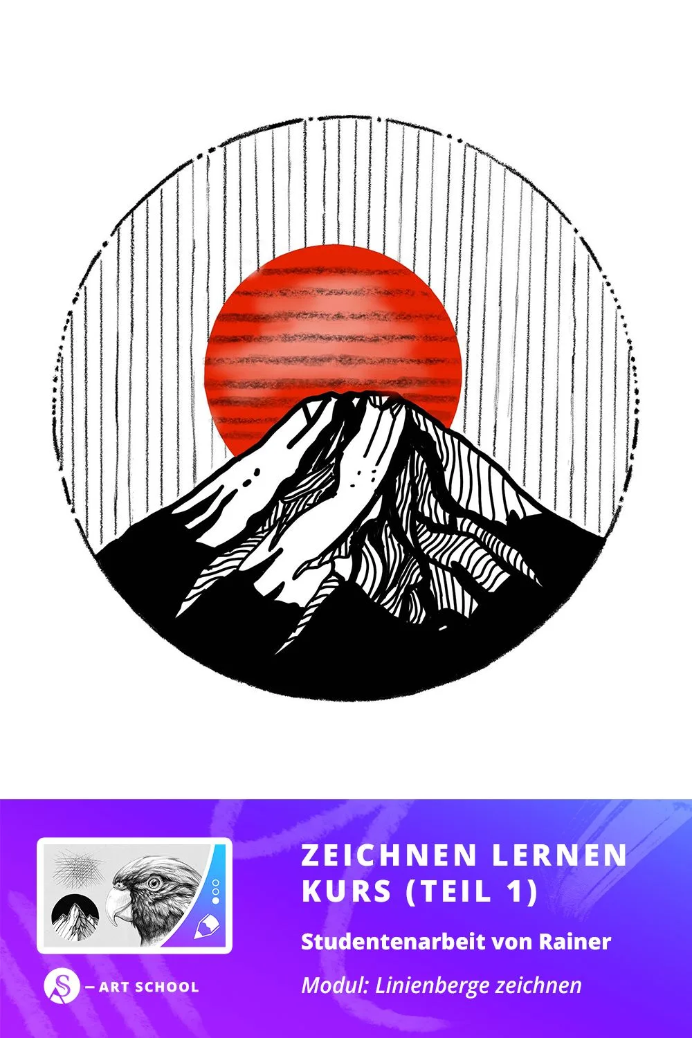 Zeichnung eines Berges mit roter Sonne und Linienraster im Kreis, farbig gestaltet