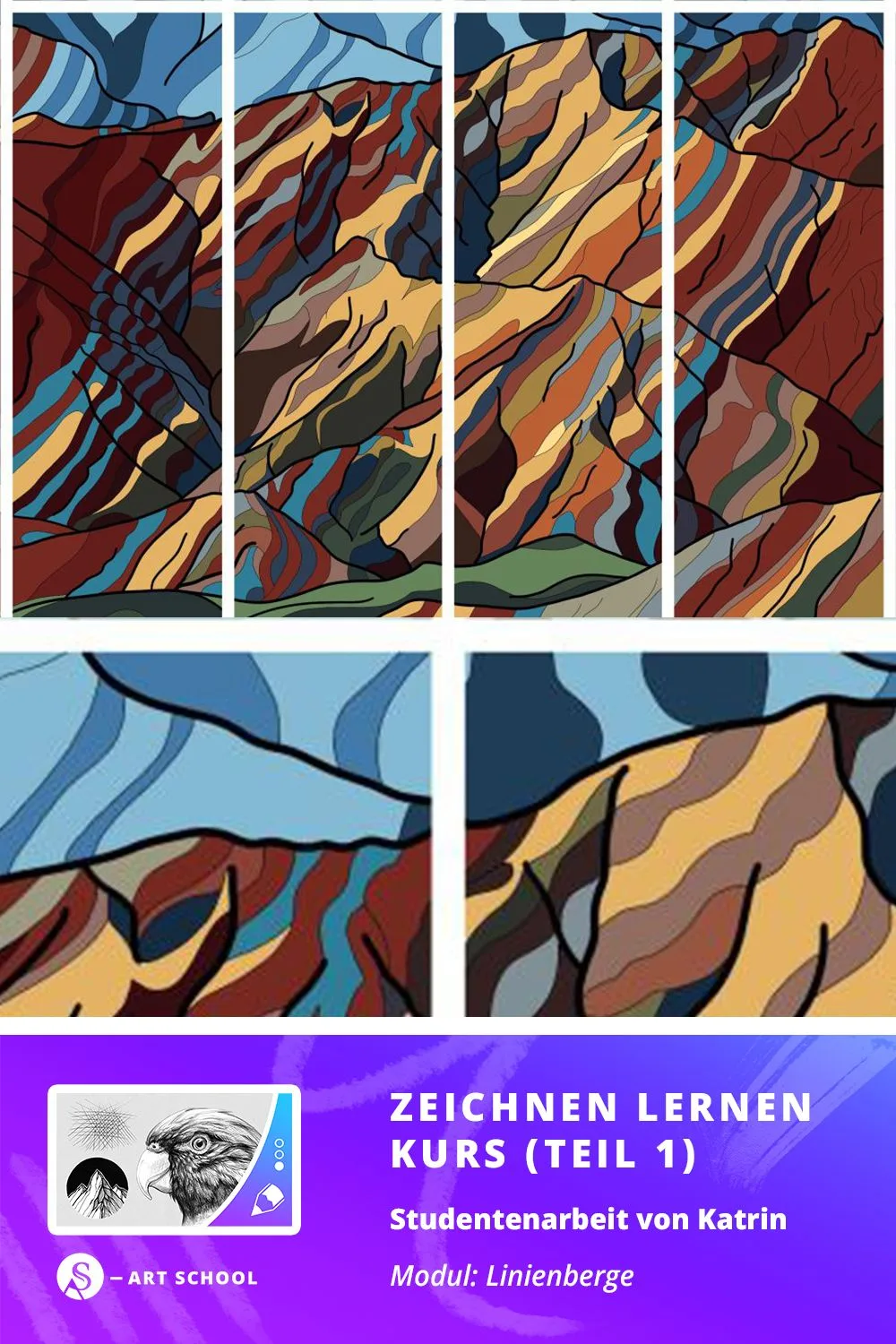 Sechs farbig gestaltete Felder mit abstrakten Linienmuster in Rot, Blau, Orange und Braun