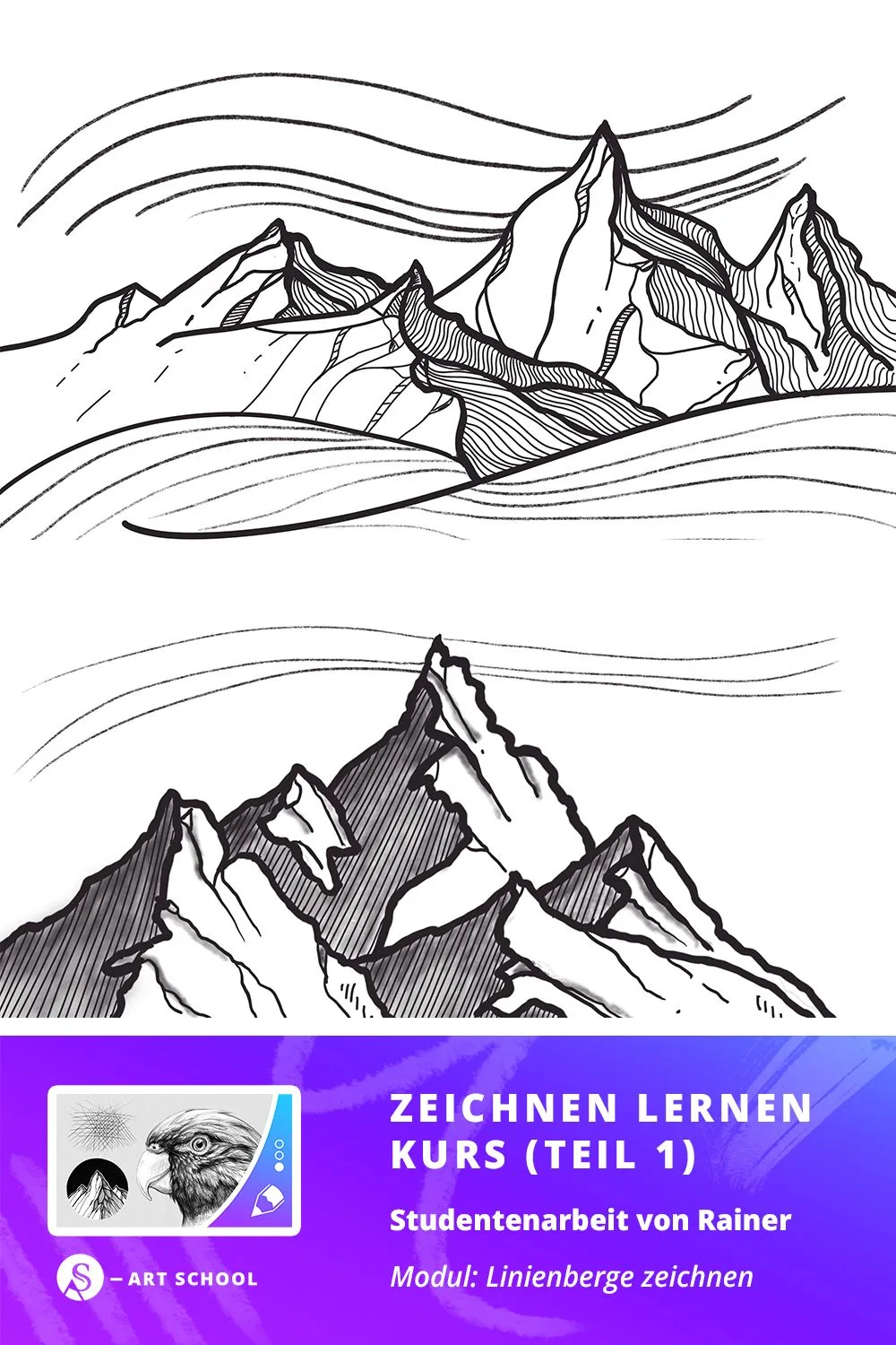Zwei Bleistiftzeichnungen von Berglandschaften mit Linienschattierung und Schraffur