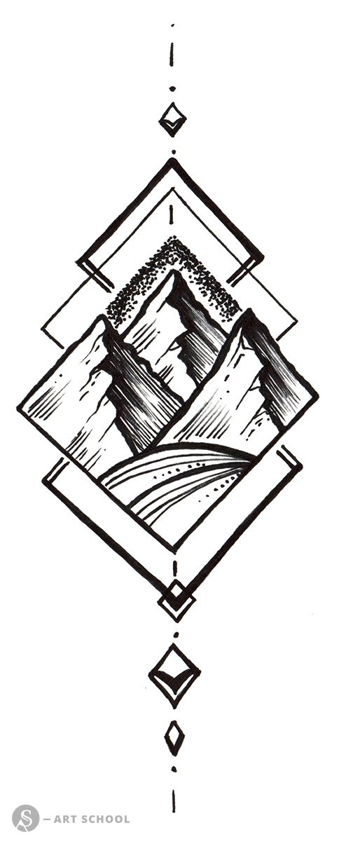 Zeichnungsmotiv Berglandschaft: Schwarz-weiße Strichzeichnung einer quadratischen Bergkomposition mit Schneebedeckung und Tal