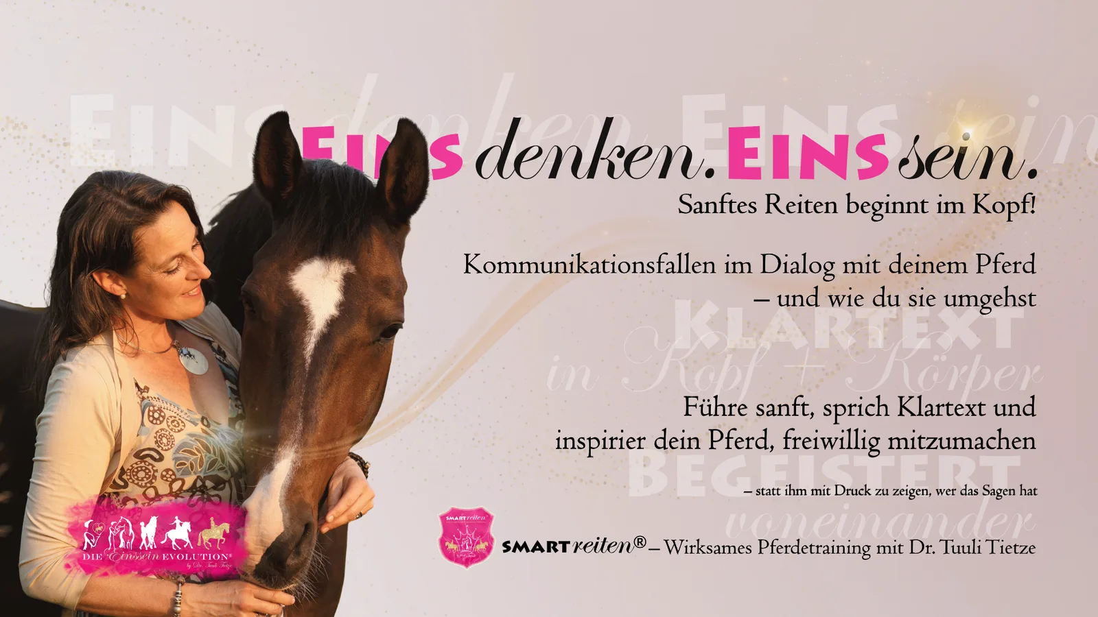 Eins denken Eins sein Cover mit Frau und Pferd, Kurs-Übersicht zu sanftem Reiten