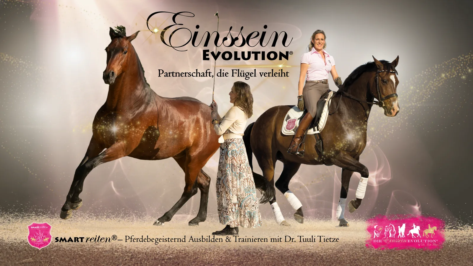 Einssein Evolution Cover mit drei Pferden, Reiterin und magischem Hintergrund