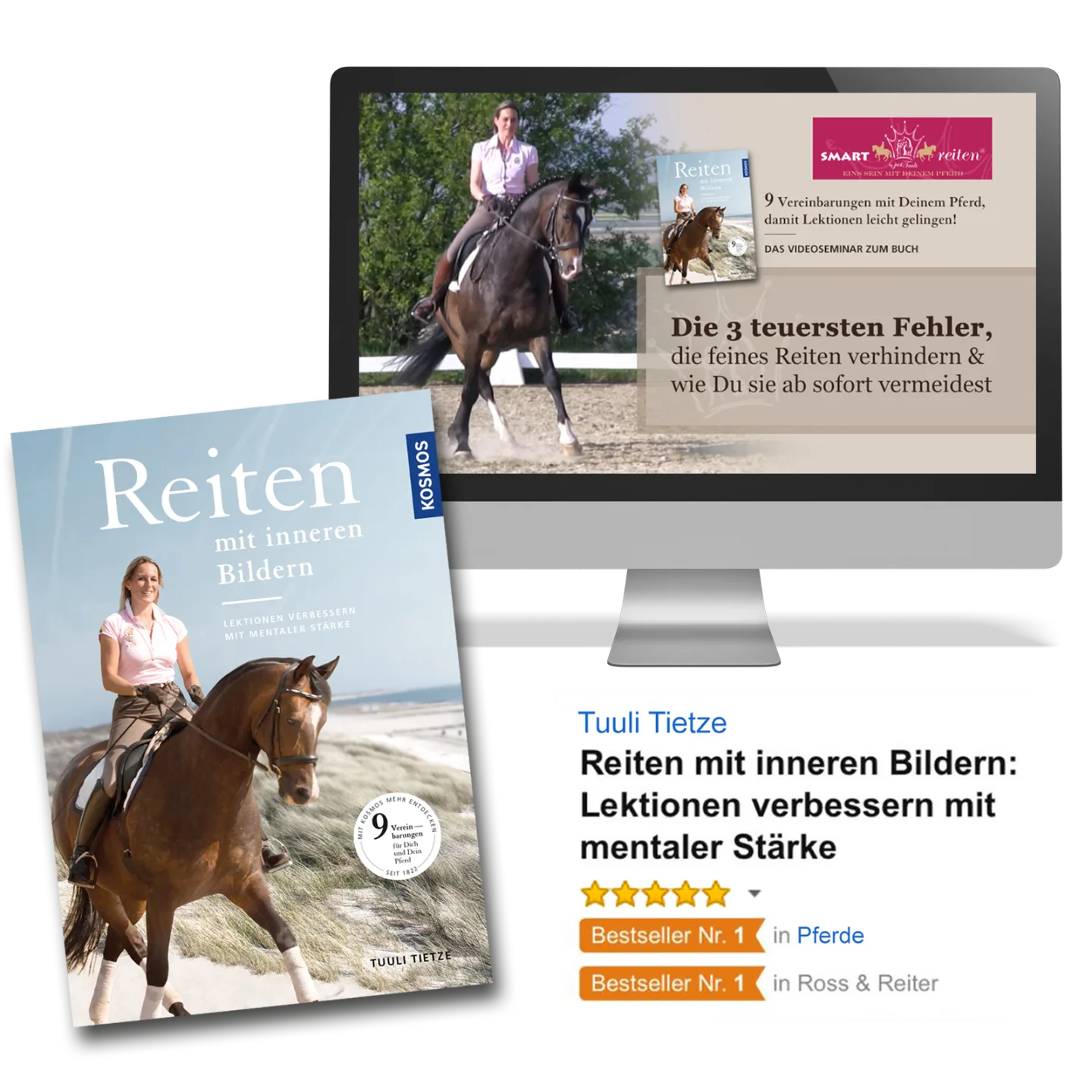 Buch-Mockup Reiten mit inneren Bildern mit Bildschirm und Bestseller-Badges