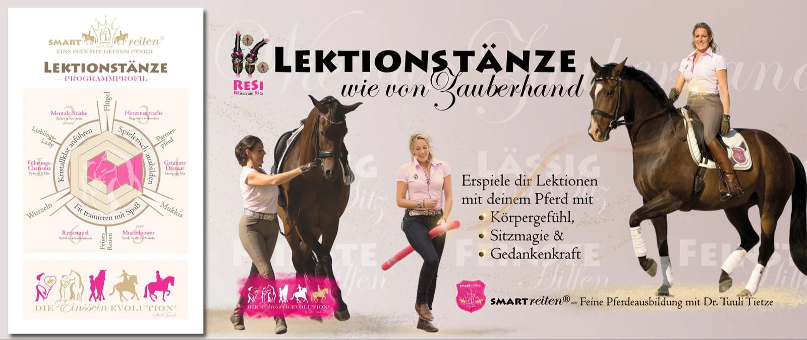 Cover Lektionstänze: Frau mit Trainings-Equipment und Frau auf Pferd springend