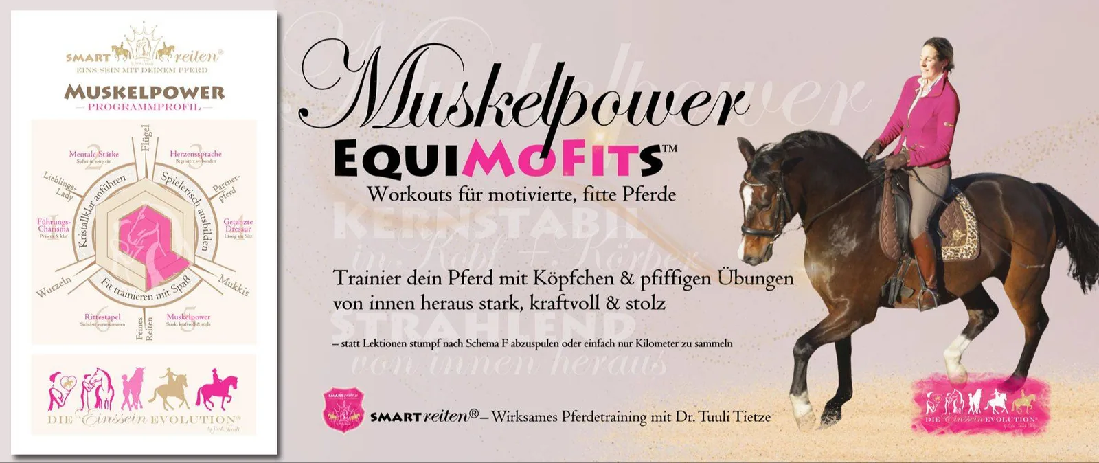 Cover Muskelpower EquiMoFits: Frau in rosa Jacke auf schwarzem Pferd im Training