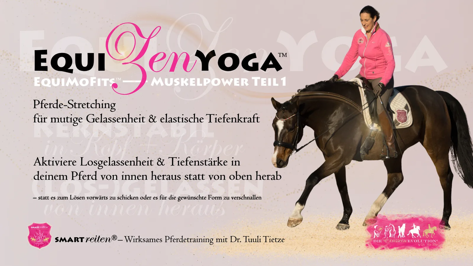 Cover EquiZenYoga EquiMoFits Muskelpower Teil 1: Frau in rosa auf schwarzem Pferd