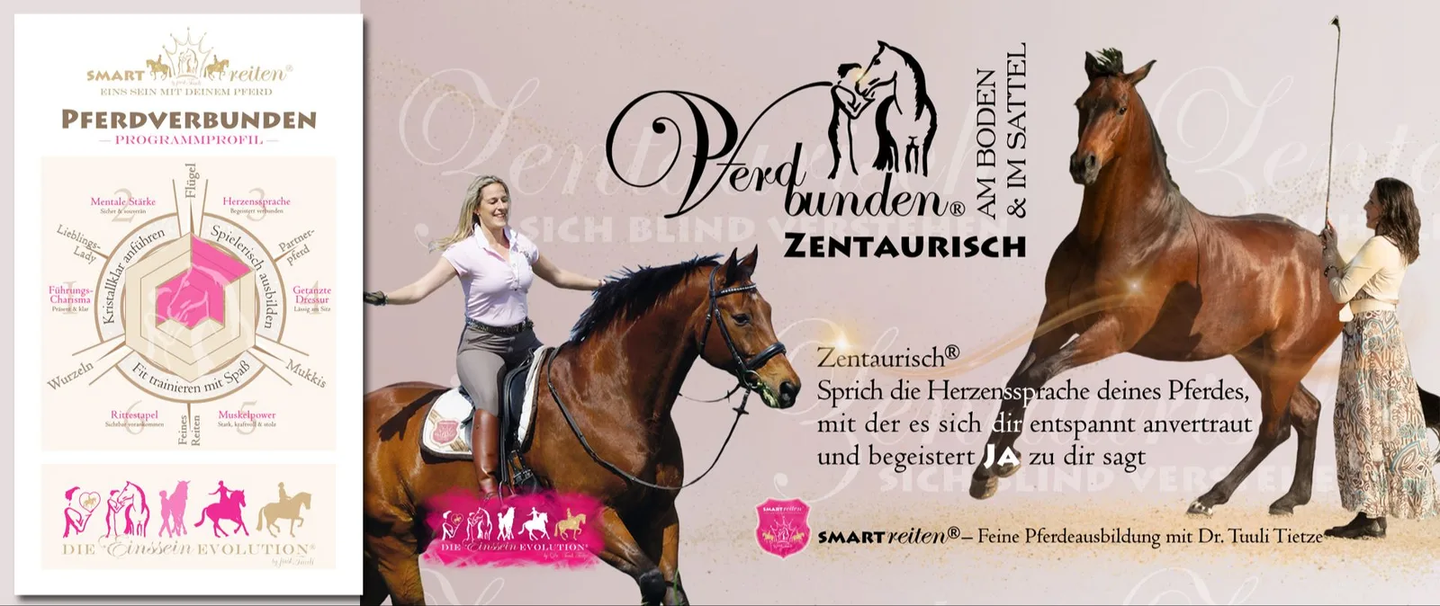 Cover Pferdbunden Zentaurisch: Frau mit ausgebreiteten Armen auf Pferd, braunes Pferd im Profil