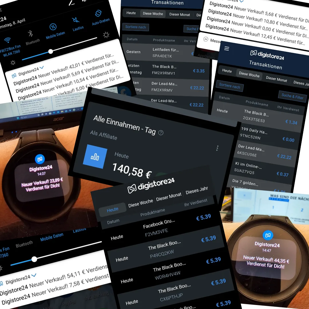 Digistore24 Affiliate Dashboard mit Transaktionen, Umsätze und Smartwatch-Benachrichtigungen