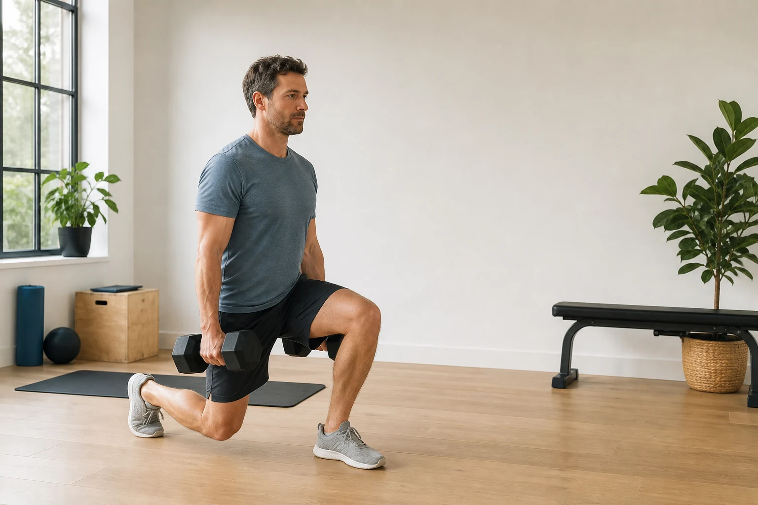 Mann in grauem Shirt führt Kurzhantel-Ausfallschritt in hellem Fitnesszimmer mit Pflanzen und Geräten aus