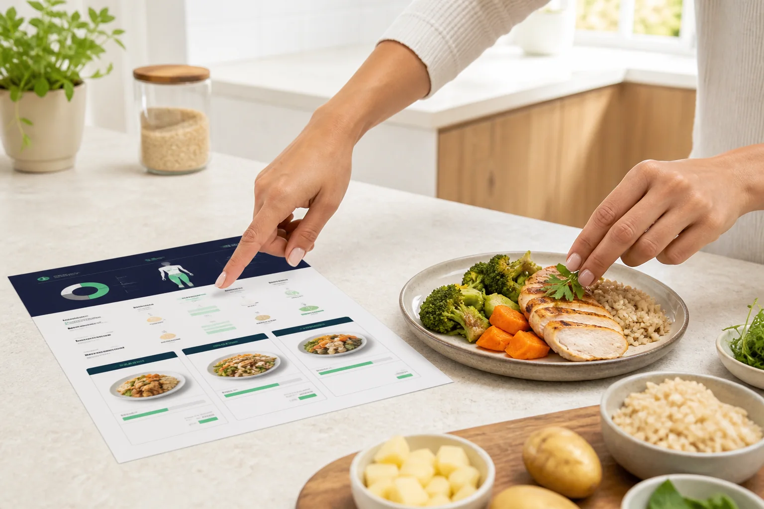 Hände deuten auf Ernährungsplan neben fertigem Gericht mit Hähnchen, Brokkoli und Reis auf heller Arbeitsplatte