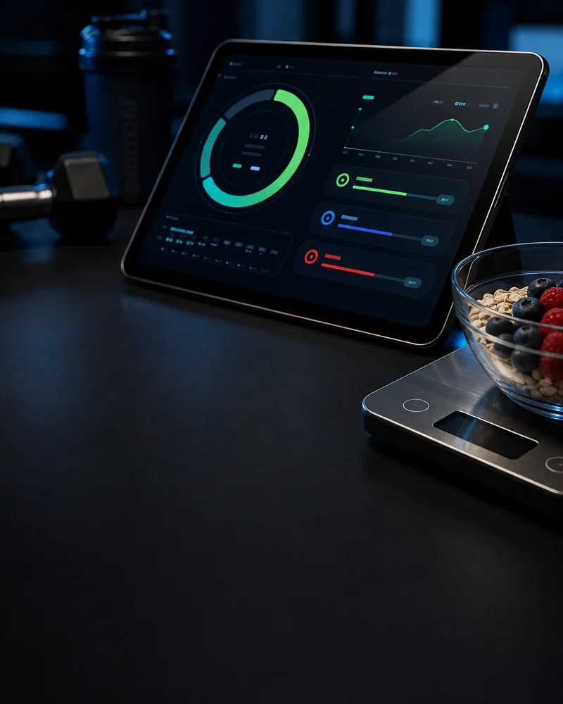 Tablet mit Trainingsanalyse-Dashboard, Ringdiagramm und Leistungsgrafiken in grüner und blauer Farbe