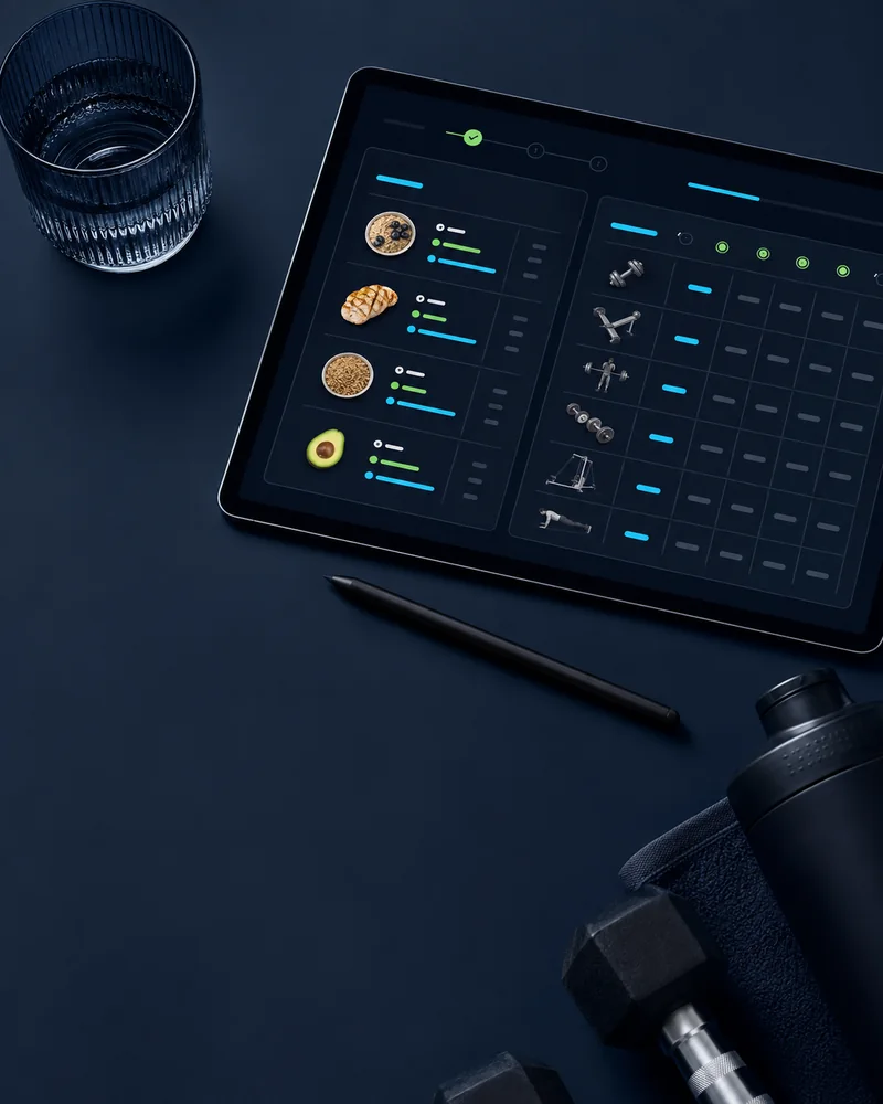 Tablet mit Trainingsplan-Interface zeigt Lebensmittel, Übungssymbole und grüne Tracking-Elemente