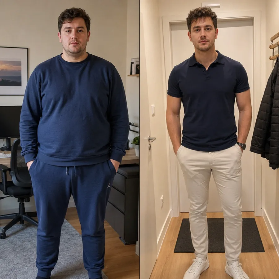 Vorher-nachher Vergleich Mann: links in Trainingsanzug, rechts in Poloshirt, deutlich muskulöser und definierterer Körper