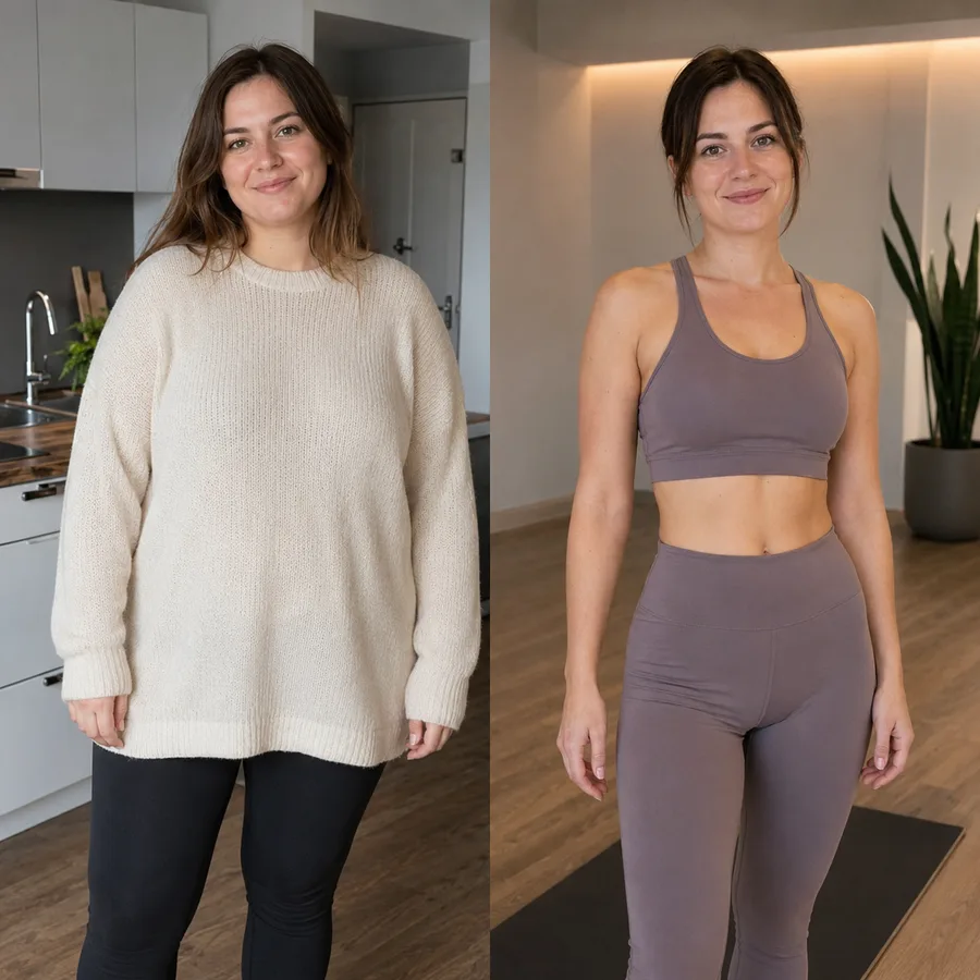 Vorher-nachher Vergleich Frau: links in beigem Pullover, rechts in Sportbekleidung, sichtbar trainierter Körper
