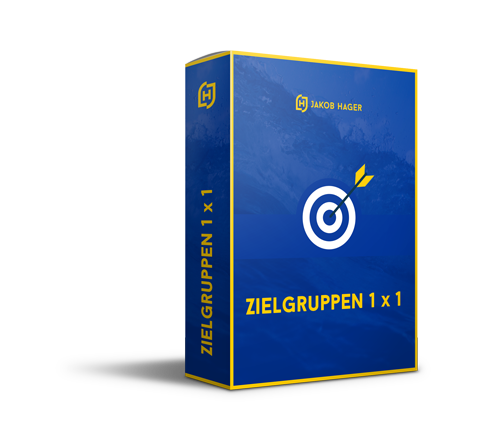 Produktbox Zielgruppen 1 x 1 Videokurs von Jakob Hager mit blauem Design und Zielscheiben-Logo