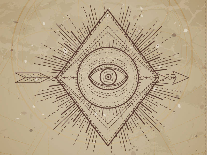Zirbeldrüse und Intuition – Hellsinne-Kurs von Jacqueline Le Saunier 4 Symmetrisches Auge mit Pfeilen in Skizzen-Stil auf beigem Hintergrund mit geometrischen Mustern