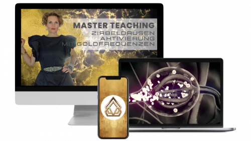 Master Teaching Zirbeldrüsen Aktivierung mit Goldfrequenzen – Produktmockup auf Desktop, Tablet und Smartphone