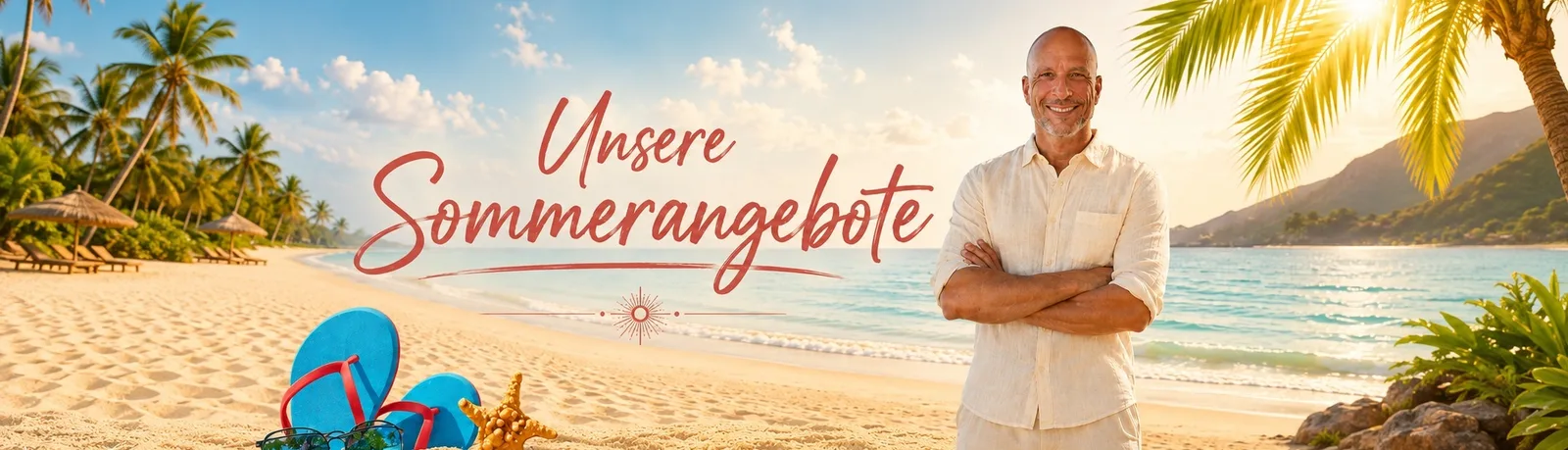 Zurück zum Ursprung: Leber Special – Videokurs zur Leberentgiftung 5 Andreas Goldemann am Strand mit Palmen und Meer, Text Sommerangebote 2026