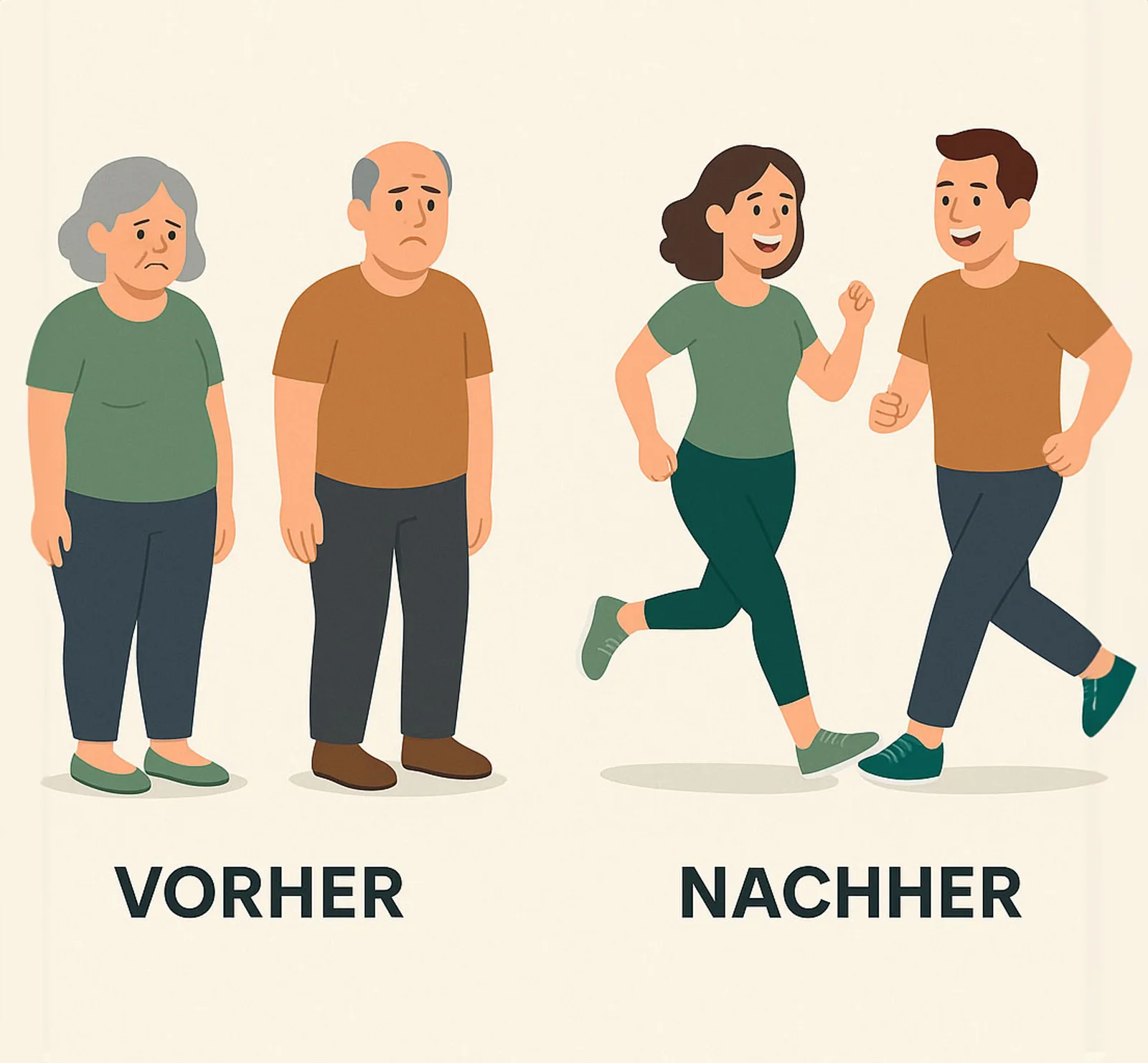 Zurück zur Kraft – Videokurs für Beweglichkeit von Till Sukopp 4 Illustration: vorher-nachher Vergleich zweier Paare, älteres sedentäres Paar und jüngeres aktives Paar