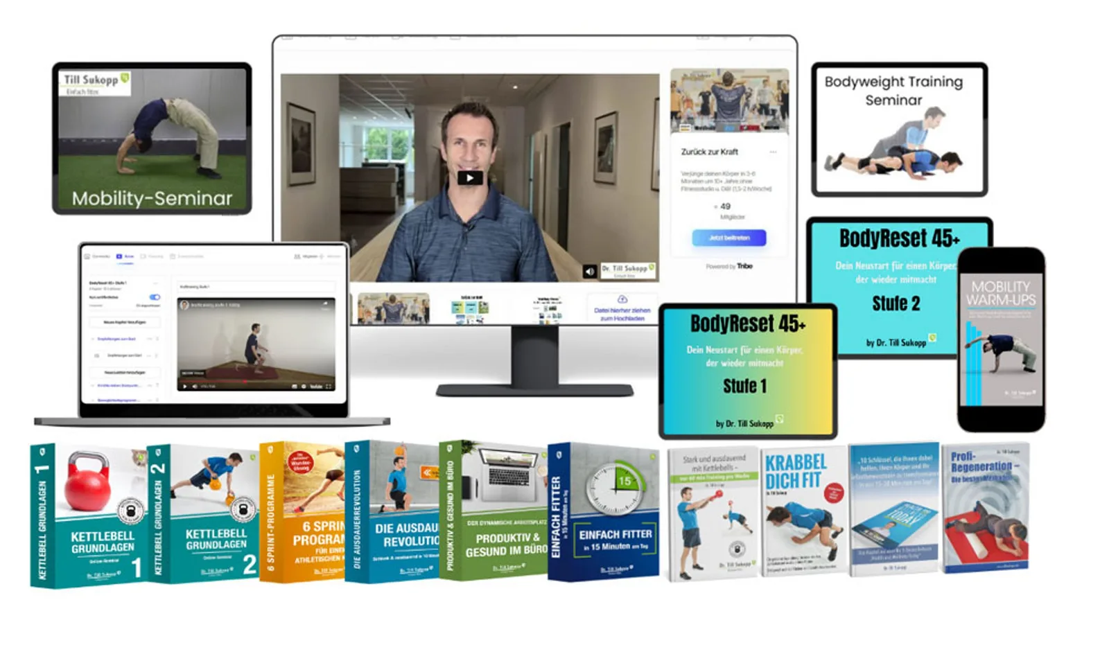 Zurück zur Kraft – Videokurs für Beweglichkeit von Till Sukopp 12 Collage zeigt Seminare, Videos, E-Books und verschiedene Online-Kurse von Till Sukopp