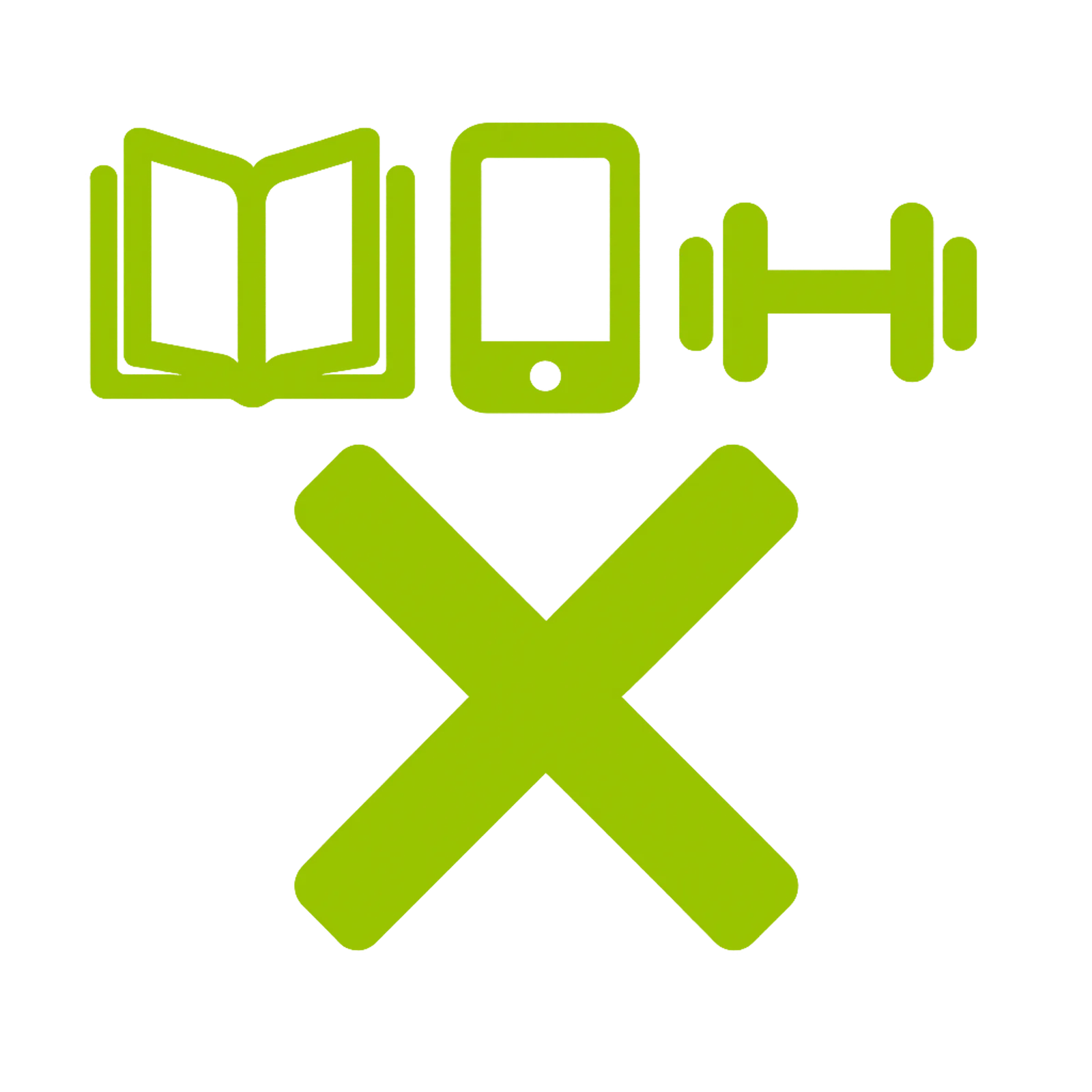 Zurück zur Kraft – Videokurs für Beweglichkeit von Till Sukopp 18 Grüne Icons für Buch, Smartphone und Hantel mit Häkchen Symbol