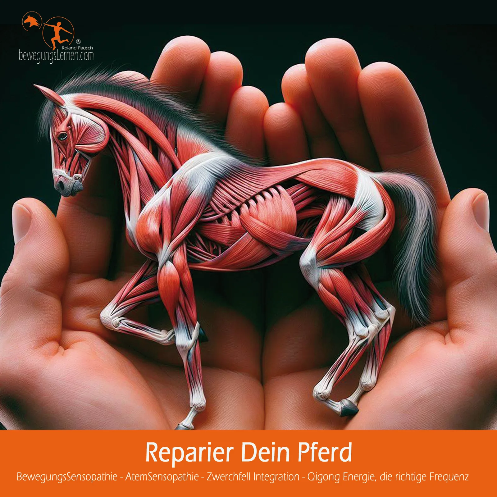 Zwerchfellintegration am Pferd – Videokurs zur Atemkörperarbeit 2 Anatomische Illustration eines Pferdes in menschlichen Händen mit Muskelverlauf und BewegungsLernen-Logo