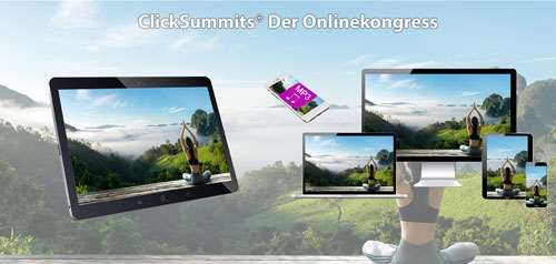 ClickSummits Onlinekongress Mockup mit verschiedenen Geräten: Laptop, Tablet, Smartphone, Smartwatch