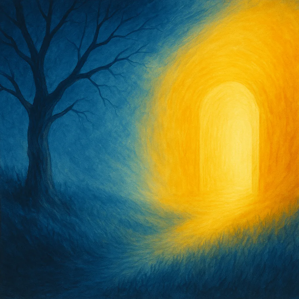 Abstrakte Illustration: Lichttunnel in Blau und Gold mit Baum und Waldsilhouetten