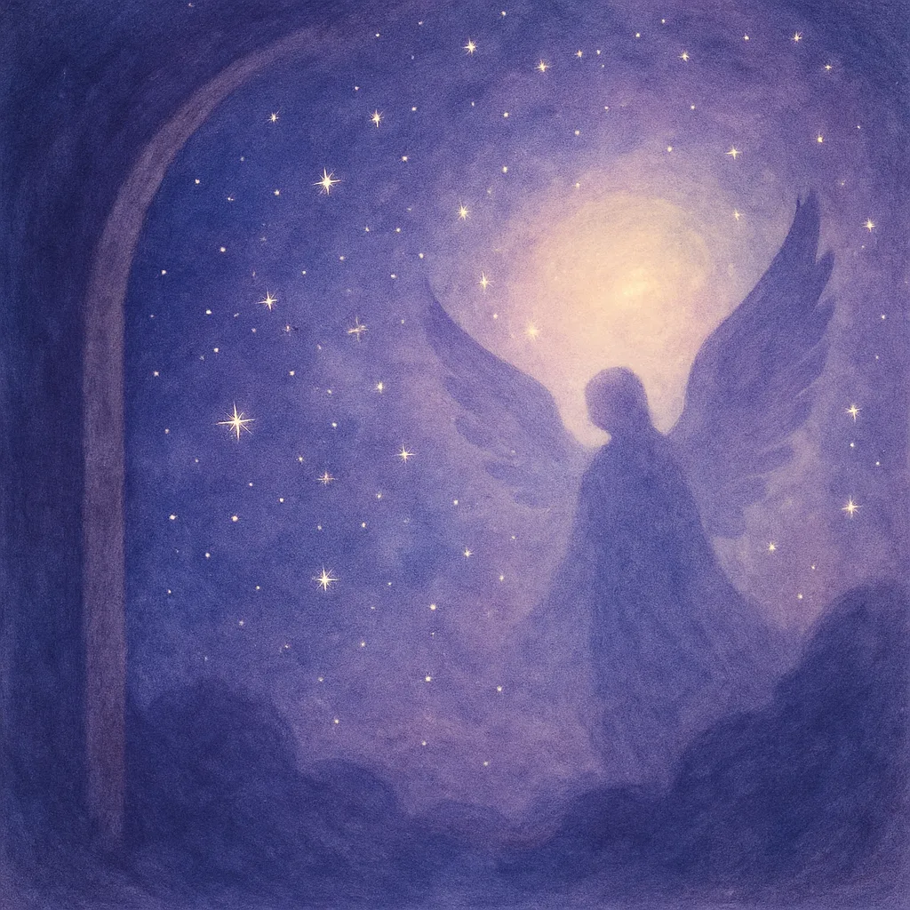 Weibliche Silhouette mit Lichtkegel und Sternen in violettem Farbverlauf