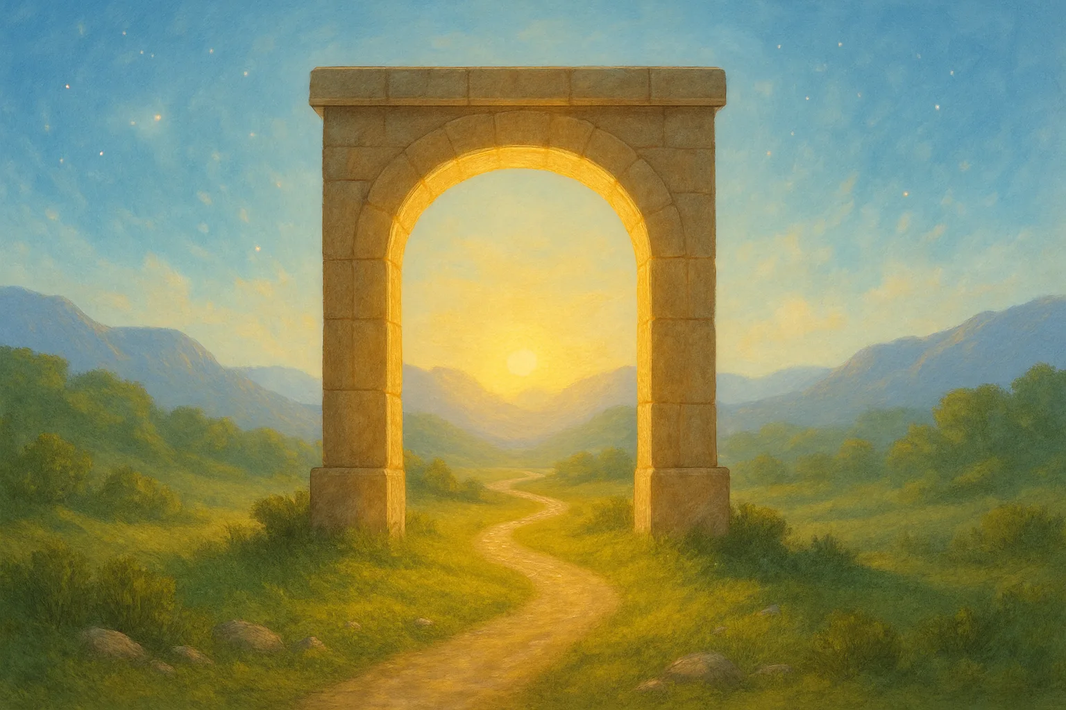 Surreale Illustration eines steinernen Torbogens in einer grünen Landschaft mit goldenem Licht und Bergen